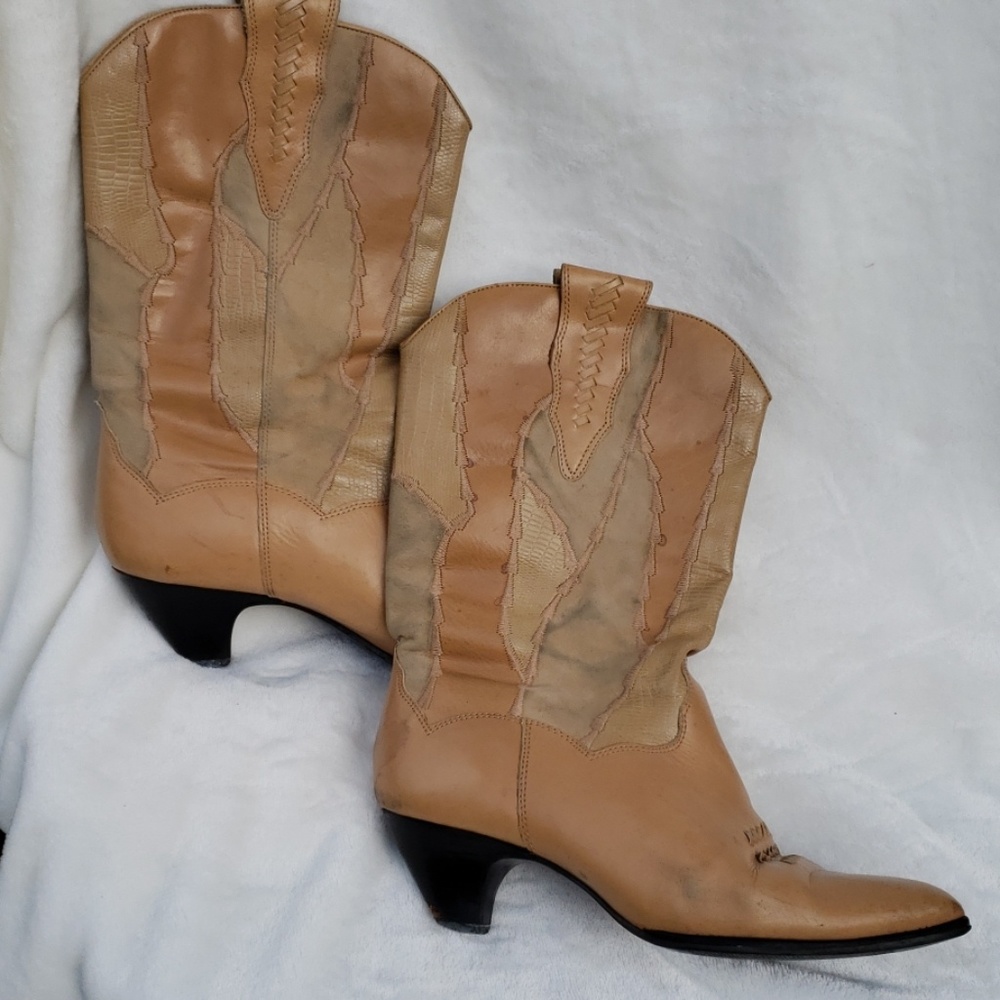 Low healed beige and tan boots. Leather and suede